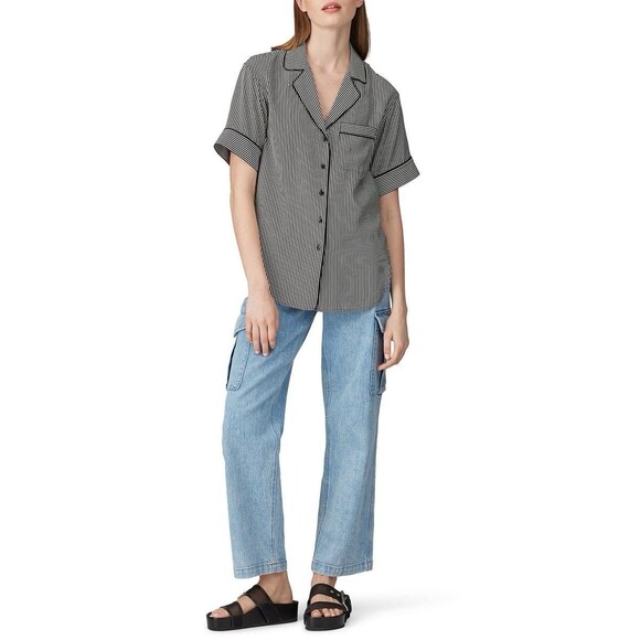Rag & Bone Luca Woman’s Short Sleeve Silk Blouse Sz‎ PXS Striped Black/White - Picture 2 of 15